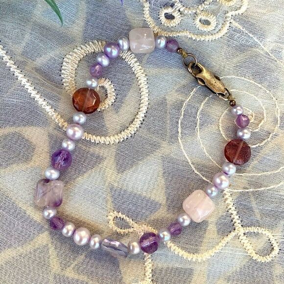 Amethyst, Rose Quartz, Pearl & Sterling Bracelet - Picture 1 of 8